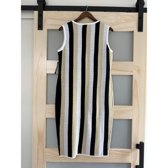 New York & Company NWT Striped Knit Sheath Dress Large Black Tan White Bodycon - Picture 2 of 8